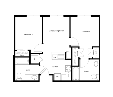 Two Bedroom Floor Plan at Sycamore Senior Village Apartments in Oxnard CA